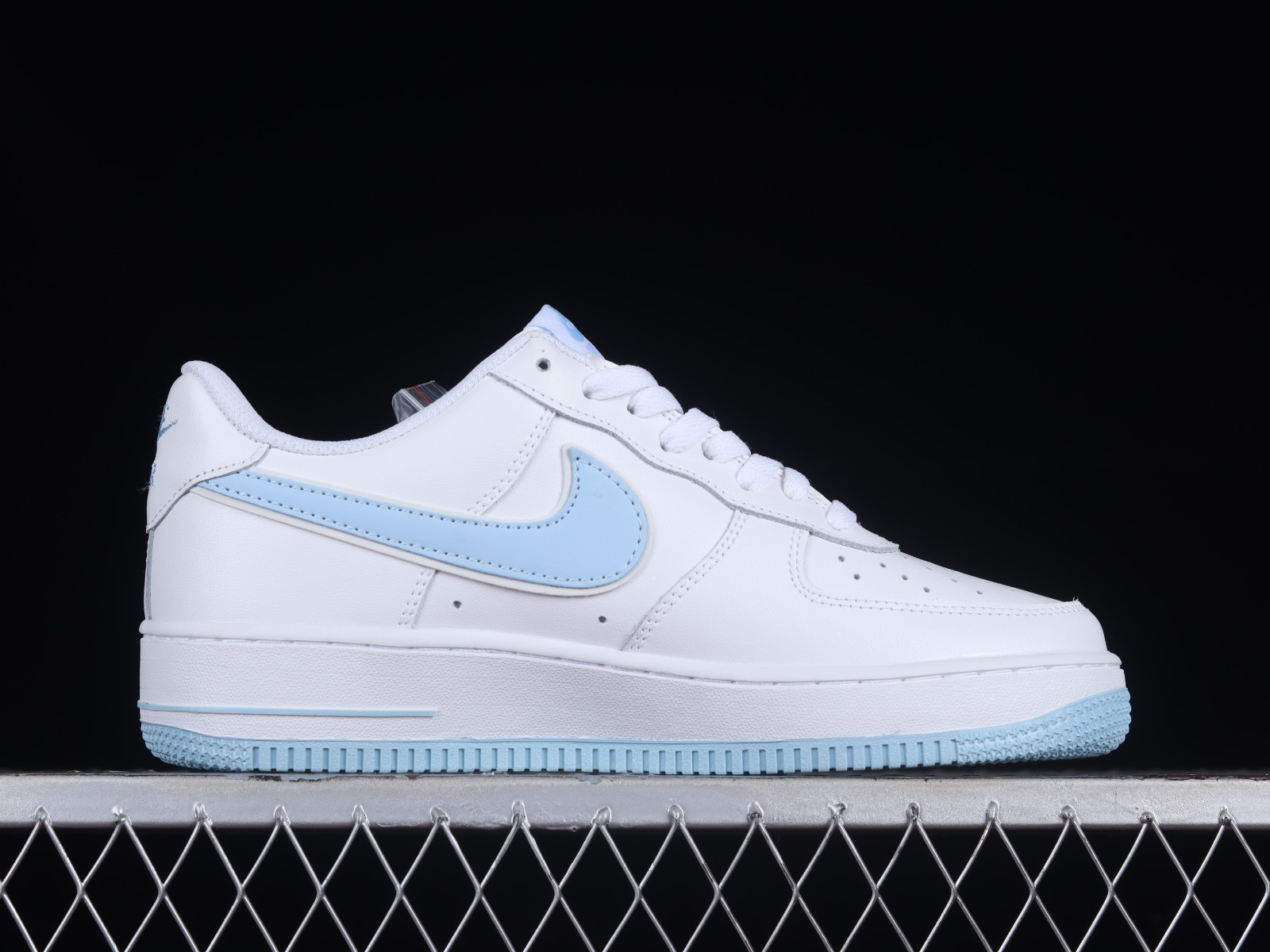 White nike with light blue swoosh sale