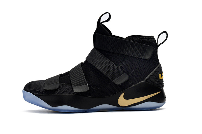 Lebron Soldiers XI 11 covering up the shoe s traditional Air Max unit and making it non visible GaleriahitShops Nike Zoom Lebron Soldiers XI 11 black gold Youth Big Kid Shoes